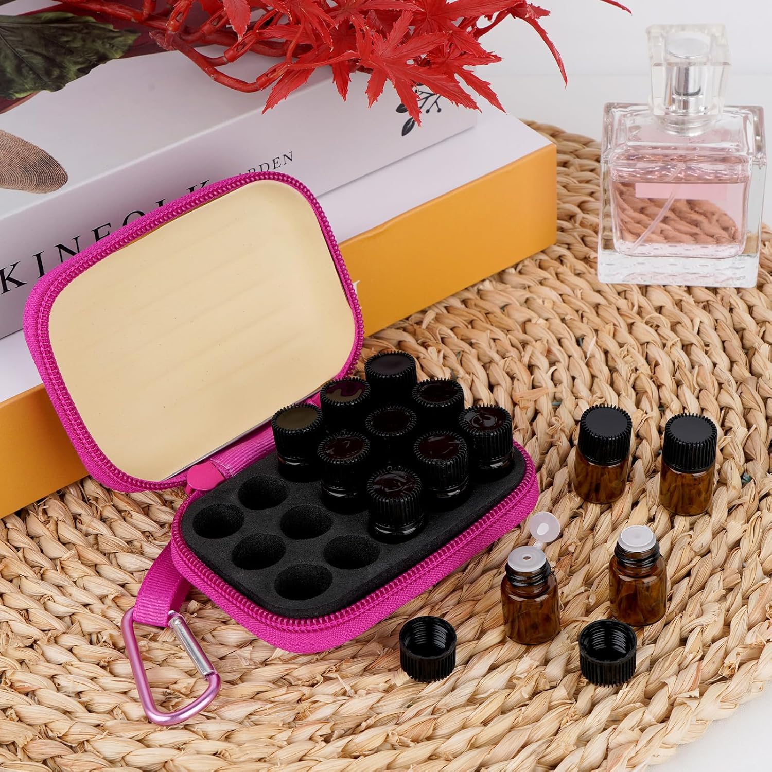 Biiange 2Pcs Mini Essential Oil Bottle Case with 30 Empty 2Ml Vials, Travel Storage Organizer Box for Essential Oils, Compact Aromatherapy Holder for Home, Travel & Outdoor Use (15 Slots, Rose Red) image number 3