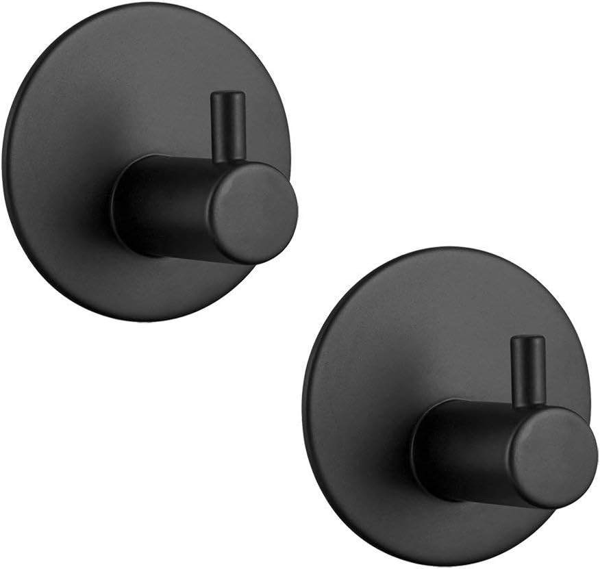 3M Adhesive Hooks Hgery Self Adhesive Black Wall Mount Hook for Key Robe Coat Towel Super Strong Heavy Duty Stainless Steel Hooks No Drill No Screw Waterproof for Kitchen Bathroom Toilet 2 Pack