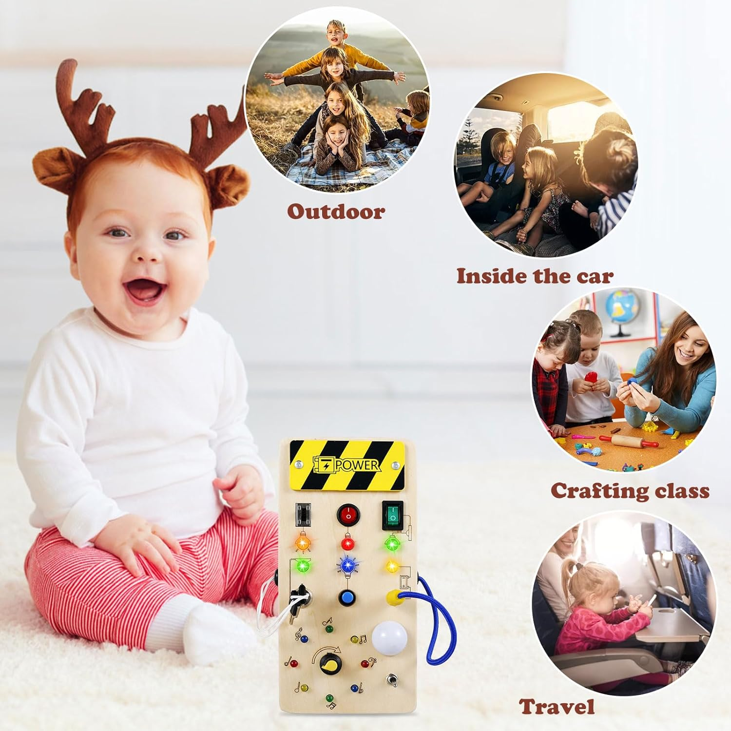 Montessori Busy Board for Toddlers LED Light Switch Busy Board Toddler Busy Board Travel Toy Wooden Sensory Toys with 8 LED Light Switches Educational Learning Toy for Toddlers Kids Gift image number 3