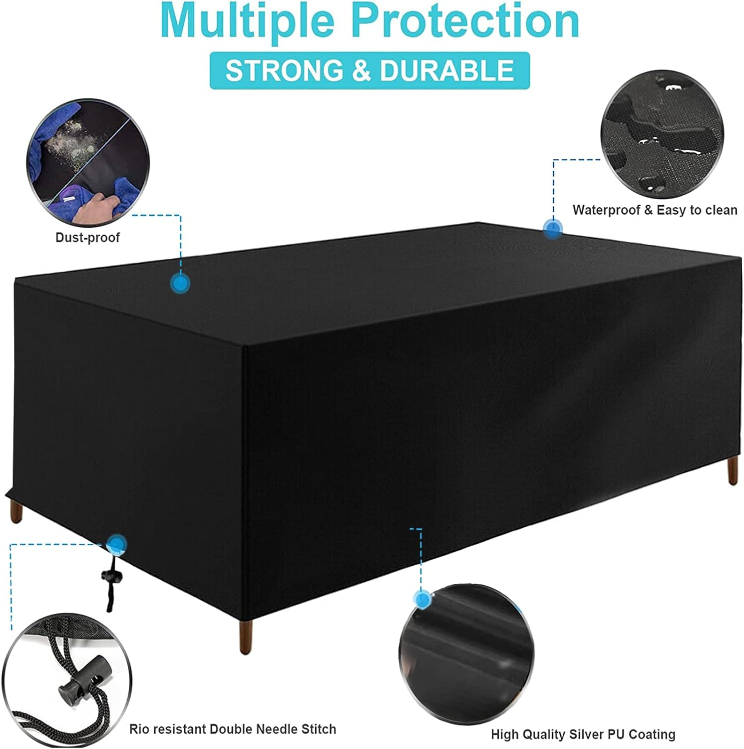 Patio Furniture Cover Waterproof Durable Heavy Duty 210D Oxford Rectangular Outdoor Sectional Sofa Set Covers Wind Dust Proof Anti-Uv for Outdoor Picnic Table, Dining Furniture (242*162*100Cm) image number 6