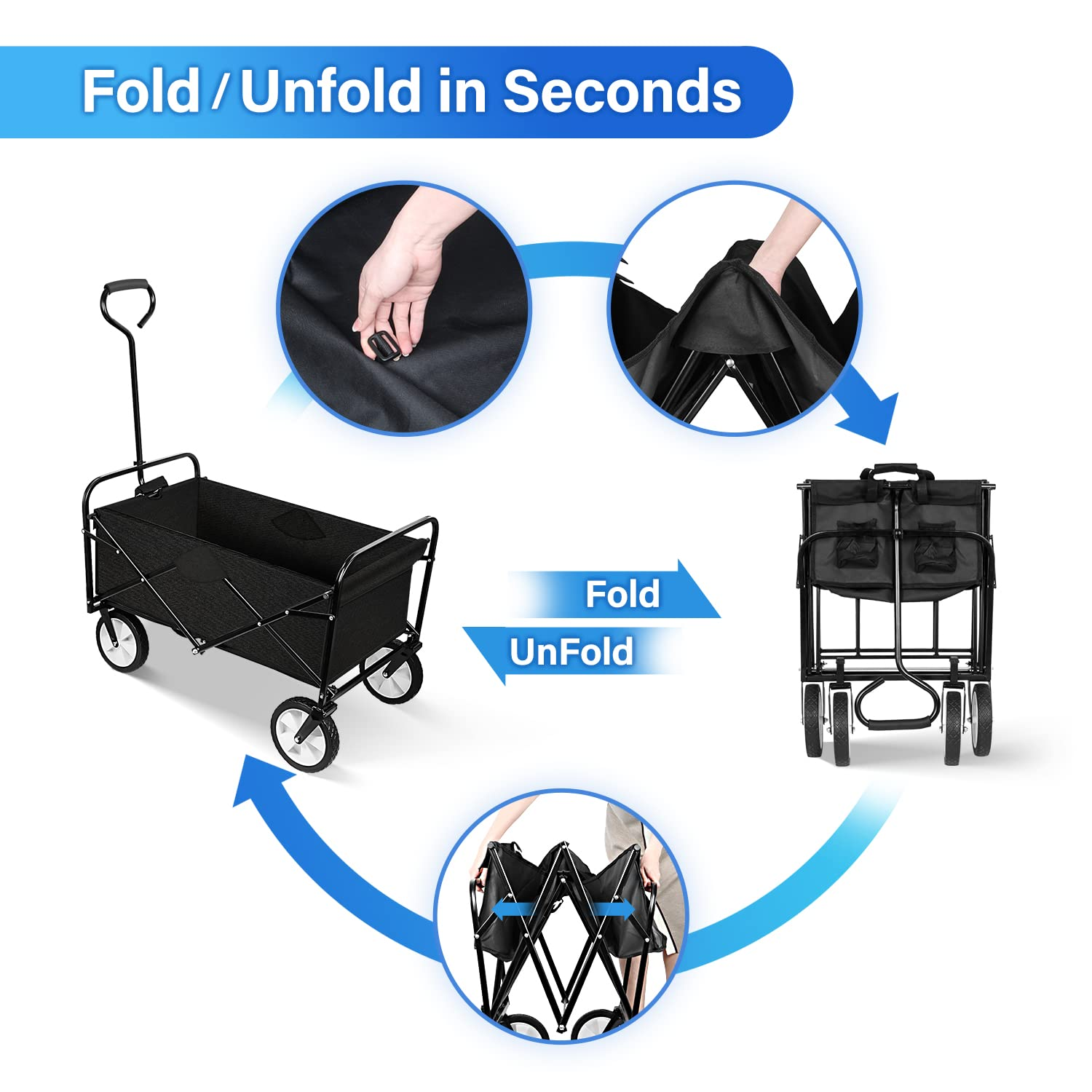 YSSOA Rolling Folding & Rolling Collapsible Garden Cart, Outdoor Camping Wagon Utility with 360 Degree Swivel Wheels & Adjustable Handle, Black 220Lbs Weight Capacity image number 2