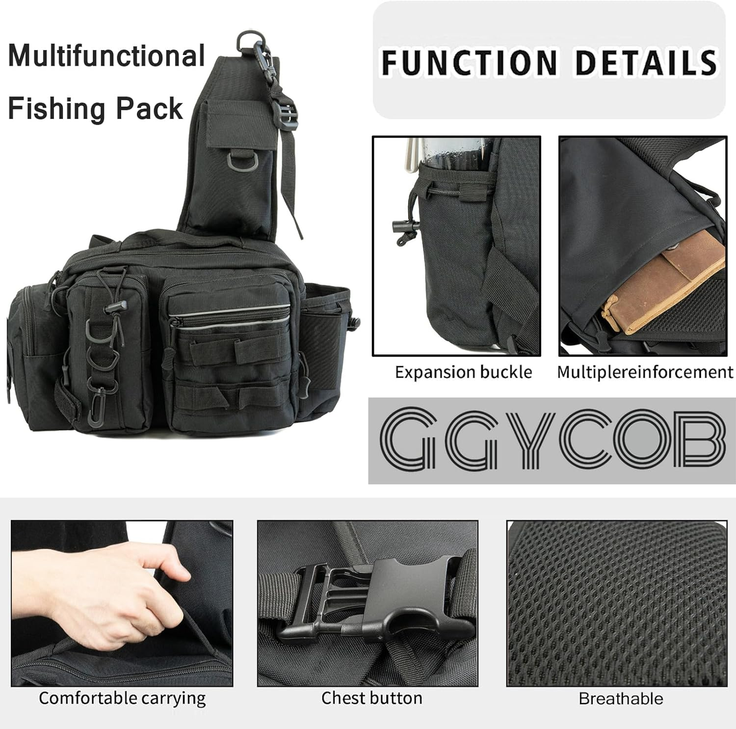 Fishing Tackle Storage Bag Fly Fishing Gear Pack Backpack for Men and Women Sling Bag Shoulder Cross Body Fishing Bag with Rod Holder Hiking Waterproof Nylon (Black) image number 5