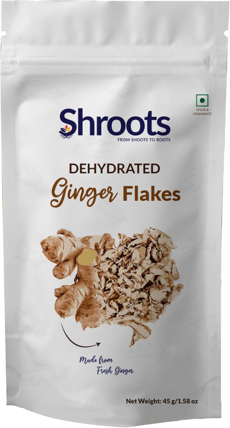 SHROOTS Dehydrated Ginger Flakes Dried Ginger Slices (Zingiber Officinale Roscoe) Traditional Indian Sonth/Sooth Supports Immunity & Metabolism Herbal Use for Tea, Spices & Soups - 1.59 Oz (Pack of 1) image number 1