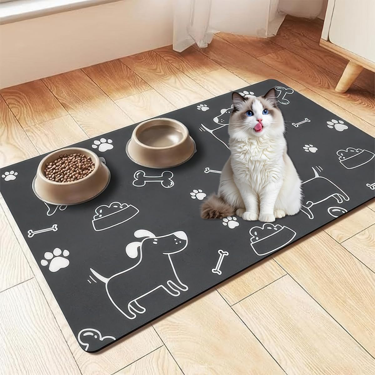 Cat Food Mat, 30 X 50 Cm, Non-Slip Feeding Bowl Mat for Pets, Absorbent Quick-Drying Feeding Mats, Non-Slip Dog Bowl Mat, for Cats and Dogs Mat, Cat Bowl image number 1
