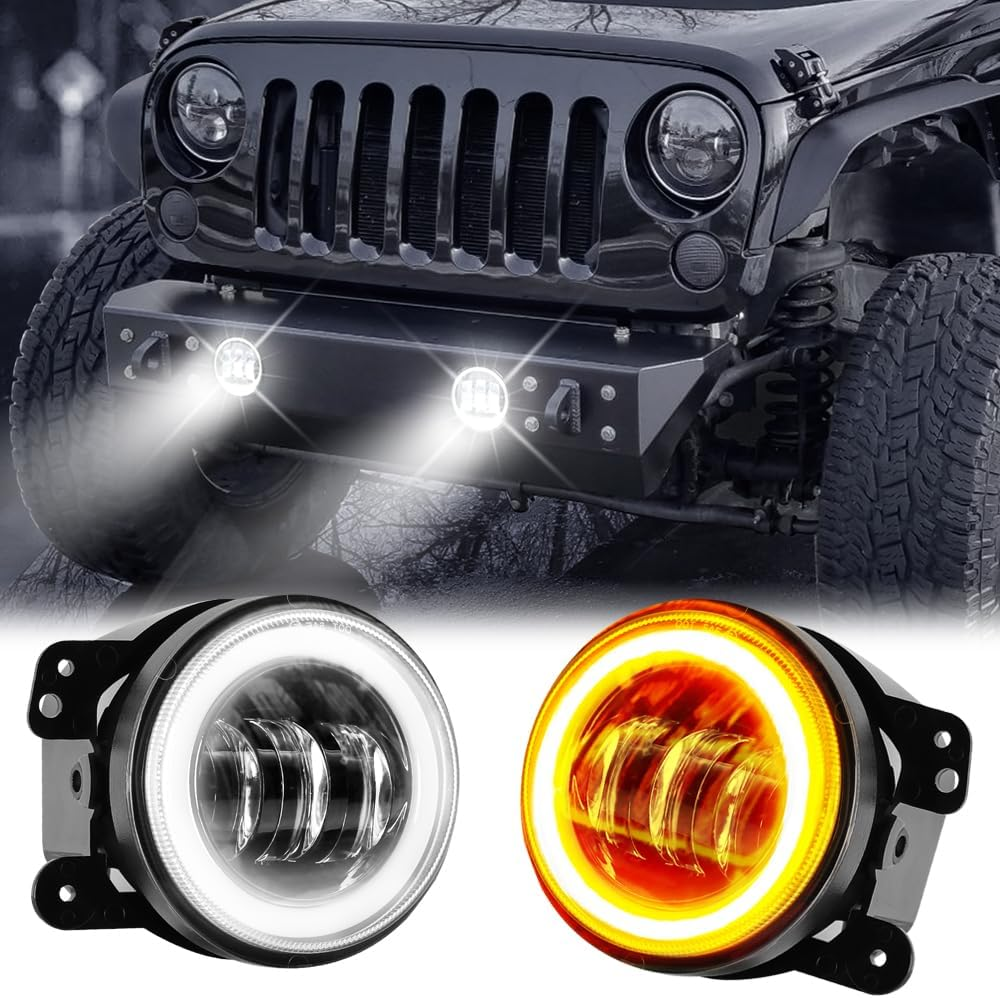 Yanchaofei 4 Inch LED Fog Lights Compatible for 2007-2018 Jeep Wrangler Unlimited JK JKU Front Bumper 60W round Fog Light Driving Offroad Lamps with Amber/White DRL Turn Halo Angel Eyes Lights 2PCS image number 3
