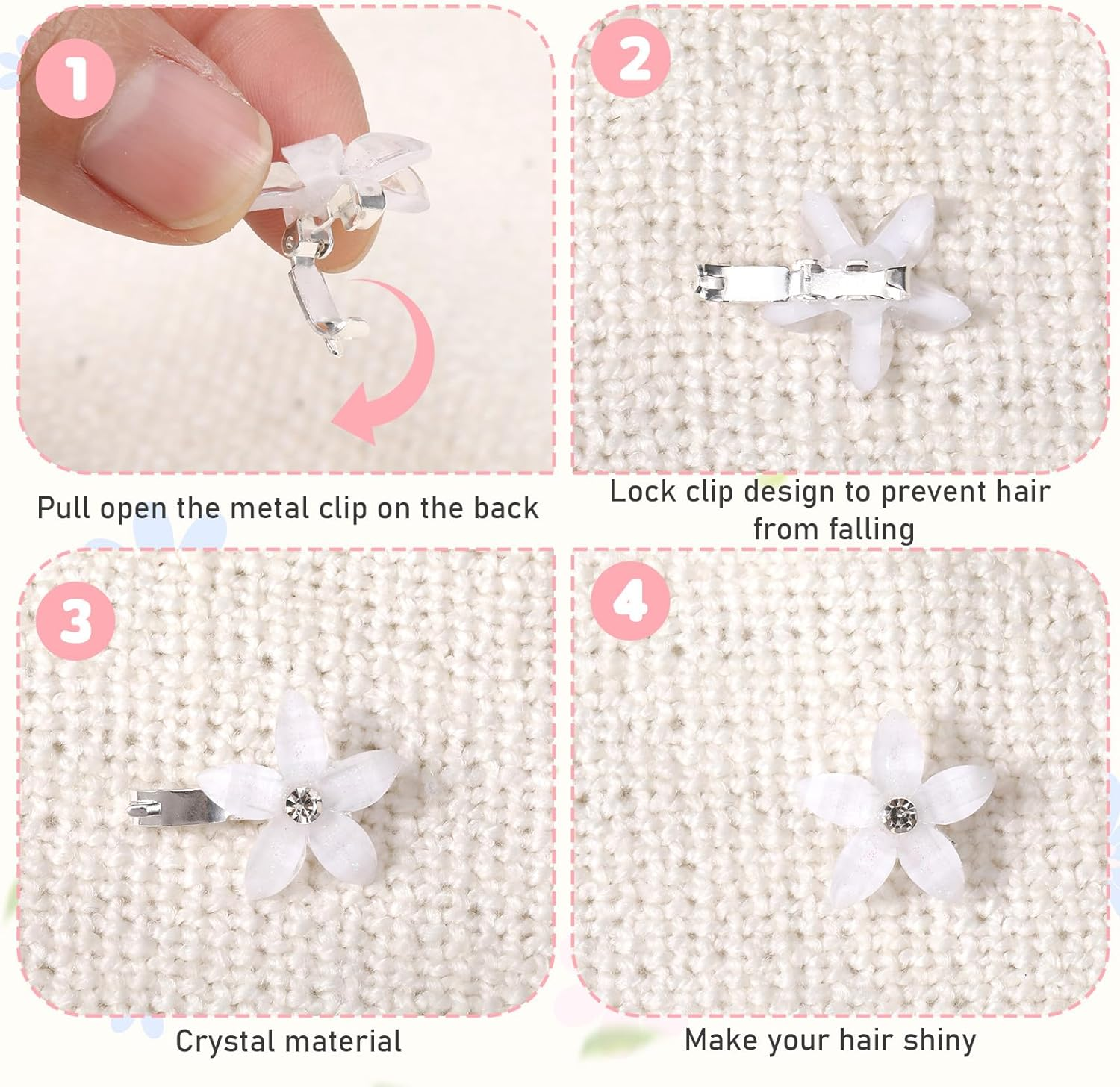 Piriuuo Pack of 20 White Small Flowers Hair Clips, Mini Flower Hair Clips with Rhinestones, Small Decorative Hair Accessories, Cute Flower Girl Hair Accessories, Wedding Hair Accessories for Girls image number 3