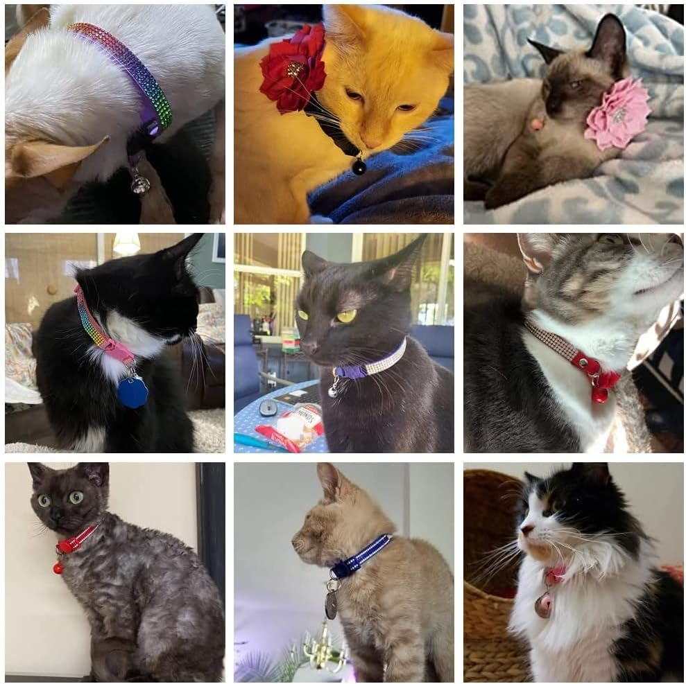 Cat Collars,Rhinestone for Girl Cats Bling Kitten Flower Adjustable Breakaway Collar with Bell Soft Velvet Leather Collar for Puppy Small Dogs (Pink1) - Hot Pink image number 7