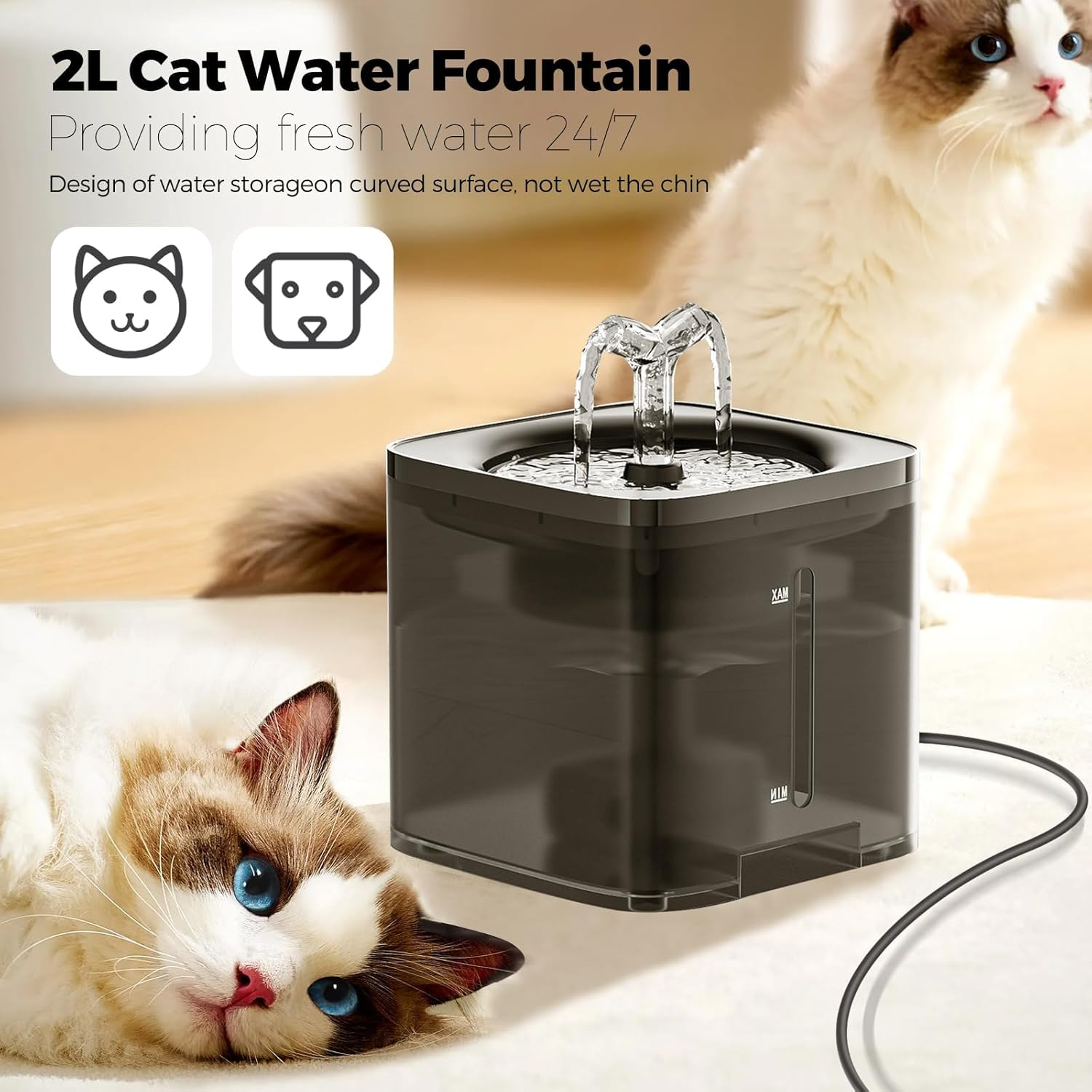 ZANZER Automatic Pet Water Fountain, 2L, Ultra Silent, with Adapter and 4 Filters & 4 Sponges, Faucet Shape, for Drinking, Cats, Dogs, and Multiple Pets​ image number 5