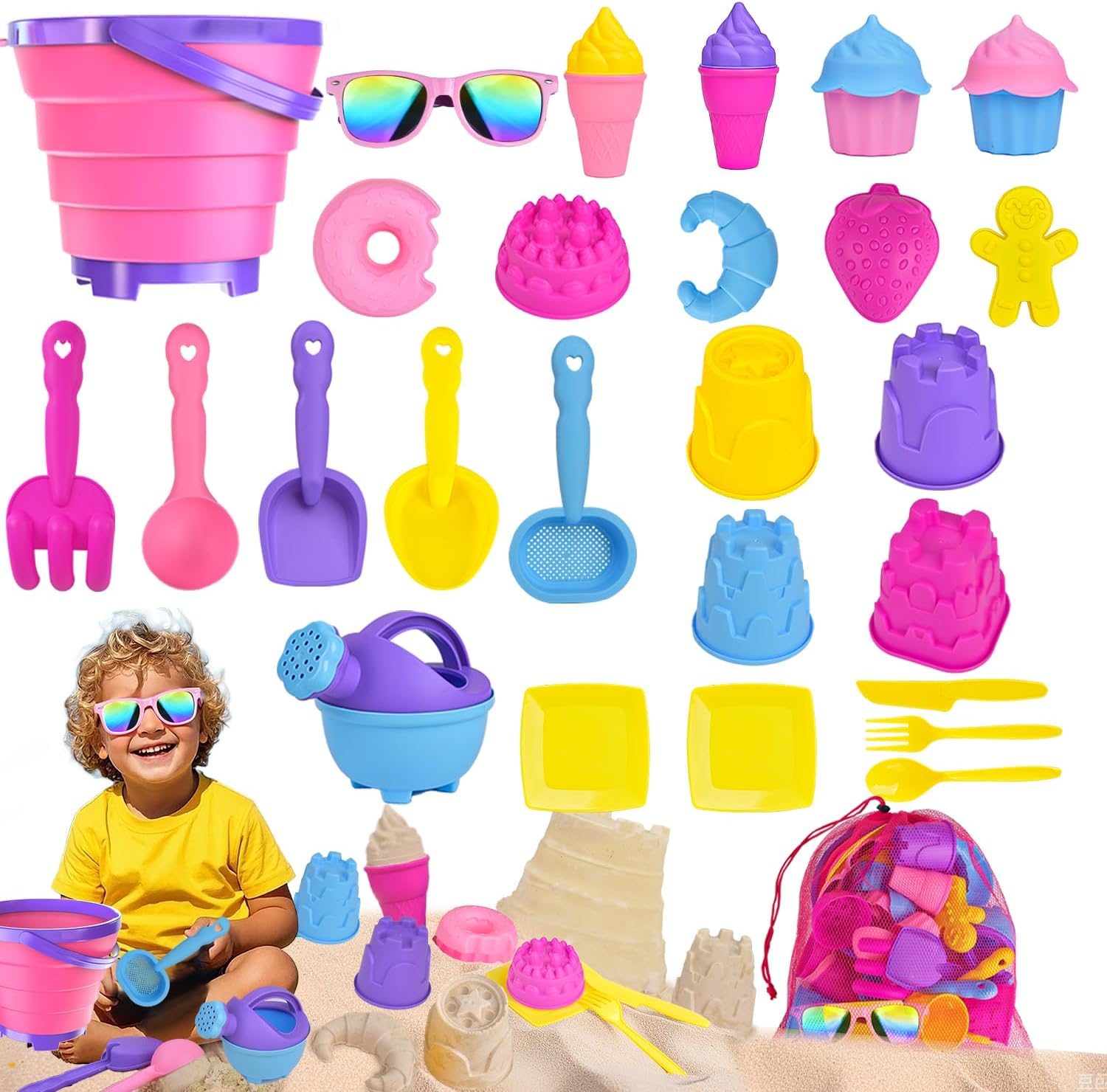 31PCS Beach Toys, Sandbox Toys with Collapsible Sand Bucket, Shovel Set, Ice Cream Cake Molds,Mesh Bag, Summer Water Poor Sea Outdoor Play Travel Toys for Kids Toddlers Boys Girls image number 4