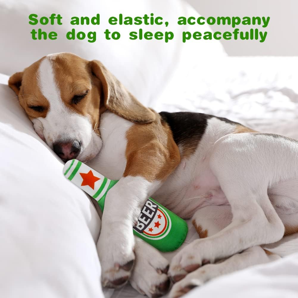 Vsshe Beer Bottle Plush Toys, 1 Pack Pet Plush Squeaky Dog Toy, Champagne Shape Dog Squeaky Chew Toys, Interactive Safe Doll Game Dogs Birthday Toys for Small, Medium, Large Dogs and Other Pets, Green image number 6