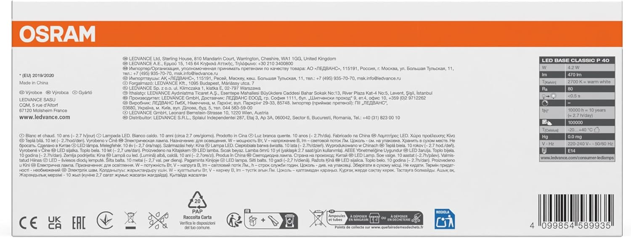 OSRAM LED Base Classic P 4.2 W 827 Frosted E14 image number 3