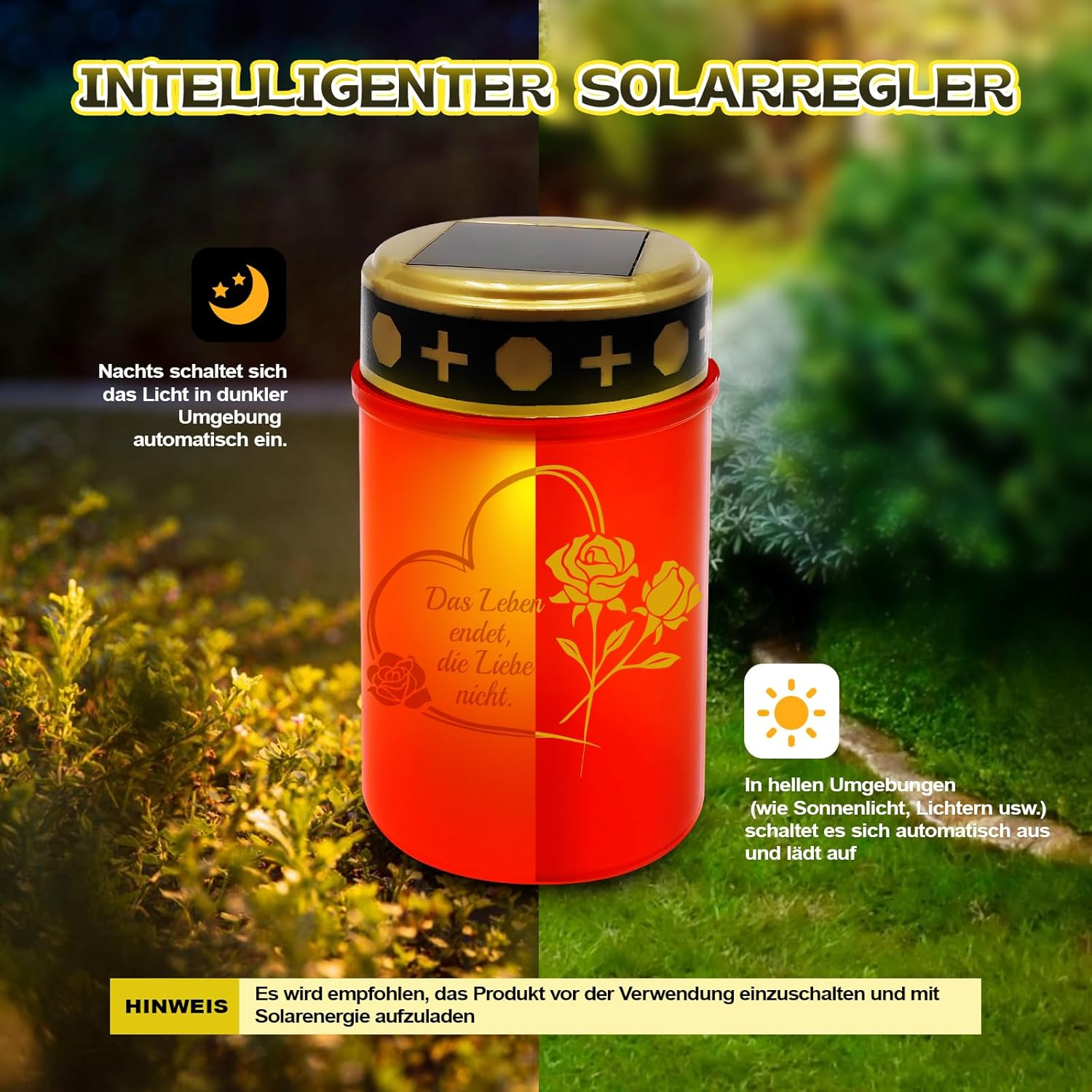 JUNUNDJING 2 Solar LED Grave Lights Funeral Candles with 4 Stickers (2 Types of Motif), Grave Light Solar LED Cemetery Candles IP55 Weatherproof with 2 Ground Spikes 2 Extensions and Twilight Sensor image number 5