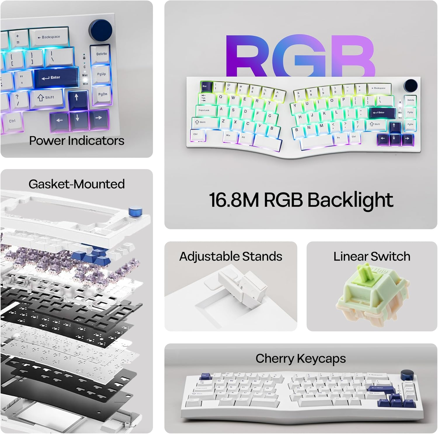 Mechlands Feker Alice80 68 Keys Ergonomic Mechanical Keyboard, QMK & via Programmable, Wired Gaming Keyboard with Creamy Gasket, Hot Swappable, 5 Layer Paddings, NKRO, RGB for Win/Mac (White) image number 4