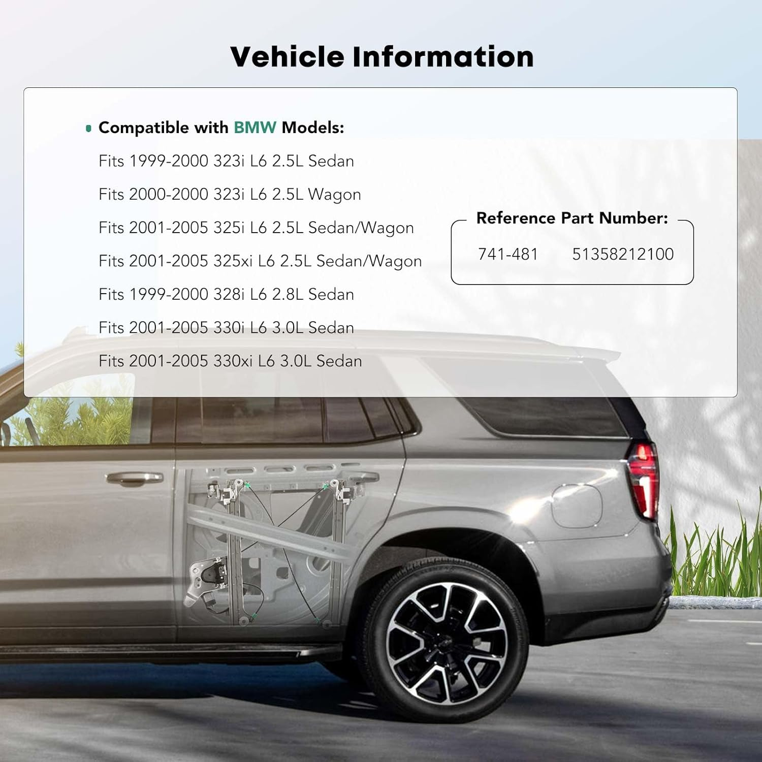 YHTAUTO Rear Passenger Side Power Window Regulator with 2-Pin Motor Assembly for BMW E46 325I 325Xi 330I 330Xi 2001-2005, 323I 328I 1999-2000 image number 1
