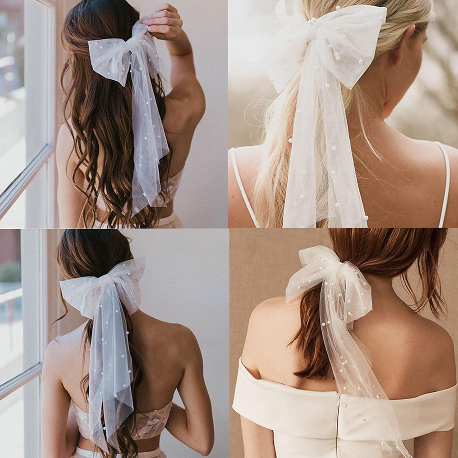 Kuskins White Bridal Hair Bow Veil with Pearl - Large Bride Hair Clip Accessories for Bachelorette Party, Bridal Shower, Wedding & Bach Party Decorations (Elegant Bridal Gift) image number 3