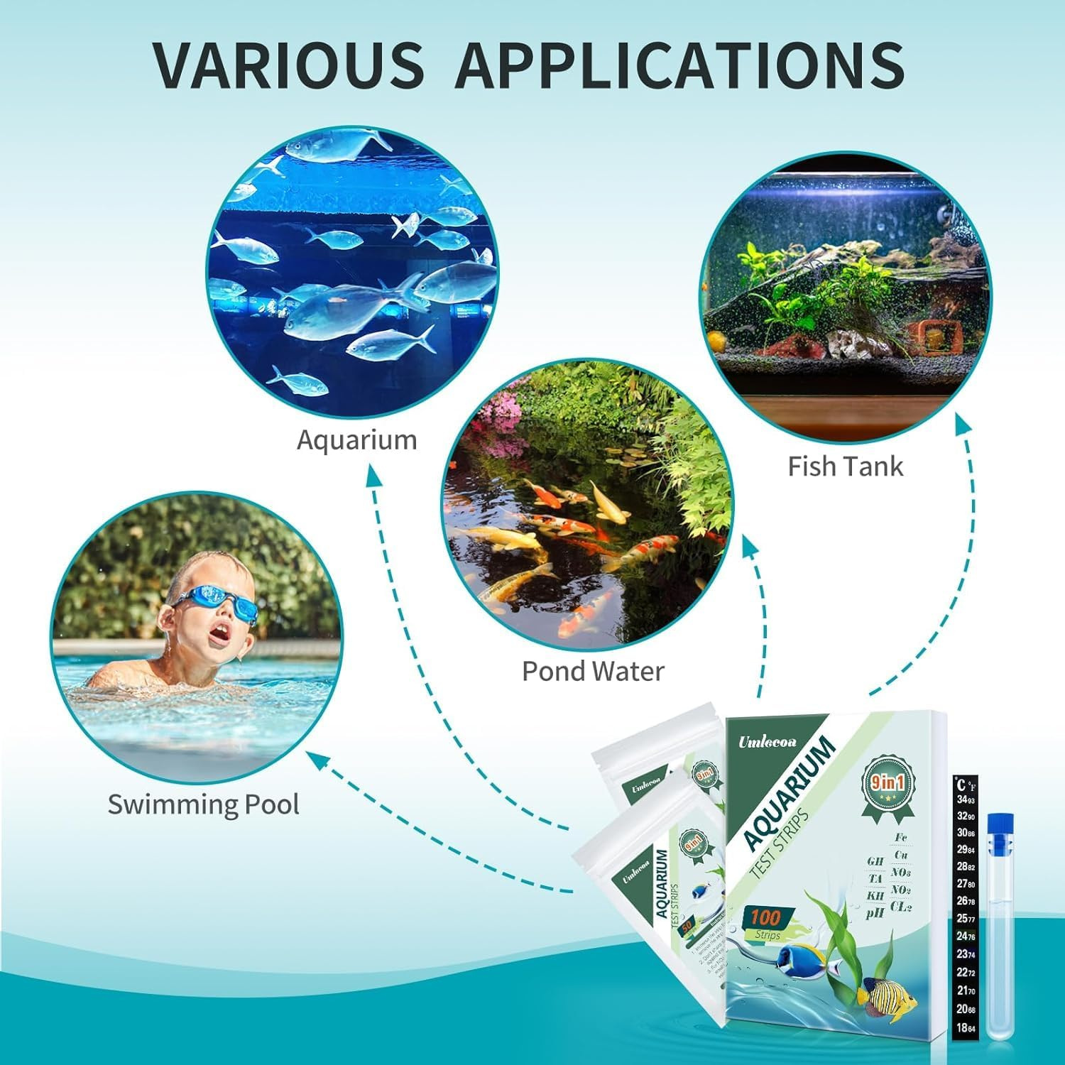 JINDUN 9 in 1 Aquarium Test Kit for Freshwater and Saltwater - 100 Aquarium Test Strips with Test Tube & Thermometer - Fast & Accurate Water Testing Strips for Aquarium/Pond/Pool image number 3