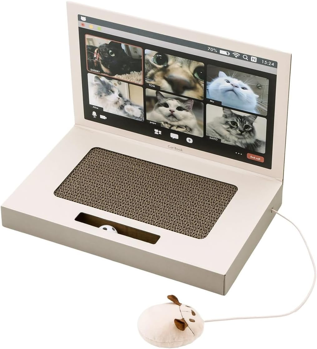AIMALL Colorful Laptop Cat Scratching Board, Durable Corrugated Paper with Hanging Mouse Toy and Bell Balls, Interactive Cat Claw Board for Play and Furniture Protection image number 6