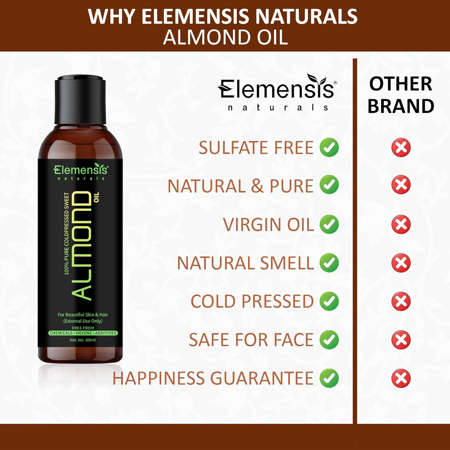 Elemensis Naturals Pure Almond Oil, Cold Pressed, to Support Hair Growth, Good Skin and Hair, 100Ml image number 2