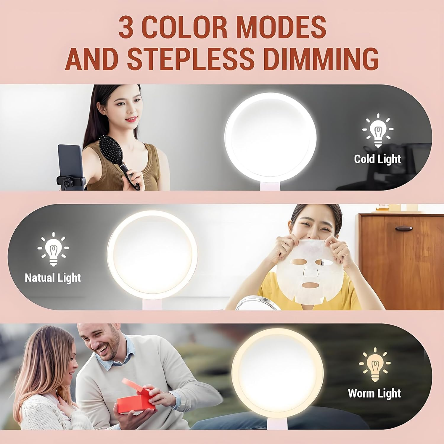 TARSHYRY LED Lighted Makeup Mirror Tabletop, Handheld Magnifying Makeup Mirror, Double Sided 30X/1X LED USB Rechargeable 3 Color Temperature, Foldable for Travel (White) image number 3