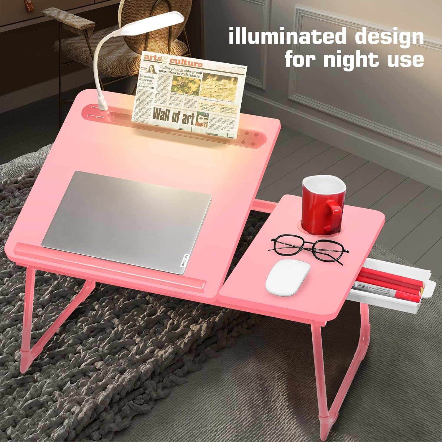 Cloudtrip plus XL Adjustable 17In Laptop Desk with Light, USB Port, Ipad Holder, Drawer Storage - Larger 23.6IN Adjustable Lap Desk for Bed, Home Office, Breakfast Tray, Fordable Legs Desk (Pink) image number 5
