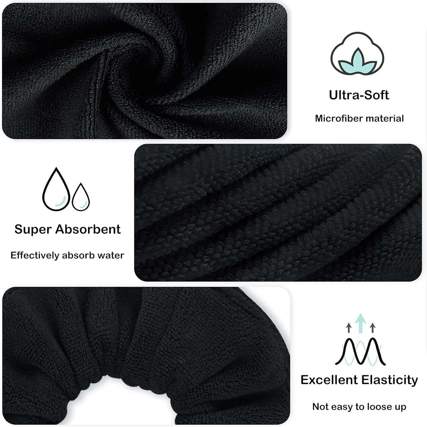 Super Towel Scrunchies for Drying Hair, Absorbent and Soft Microfiber for Frizz Free, Large Thick Ponytail Holder Wet Hair Accessories for Women and Girls, 4 PCS (Black, One Size) image number 3