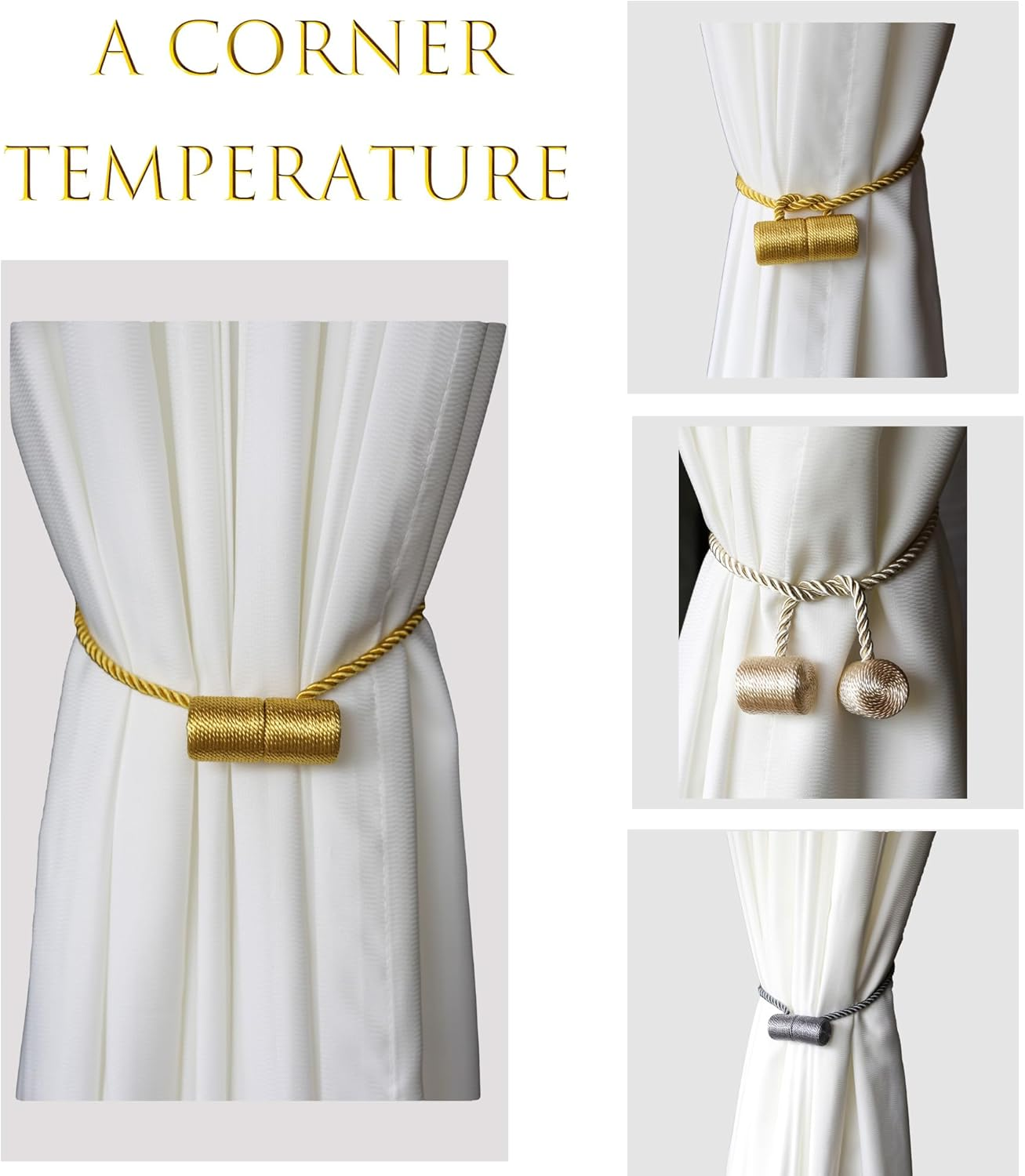 4 Pack Magnetic Curtain Tiebacks, Decorative Curtain Holdbacks for Window D&eacute;cor (4, Beige-Cylinder) image number 3