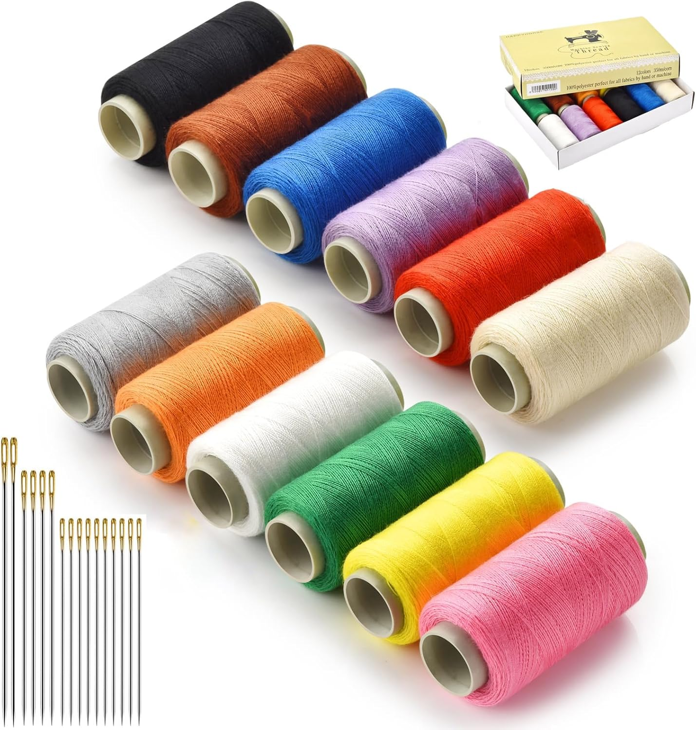 12 Color Sewing Thread Kit, Hair Extension Thread,402 Spools Polyester Thread with Sewing Needle Kit,Round Hair Weave Threads,350 Yards per Thread Spools for Hand & Machine Sewing, DIY and Home