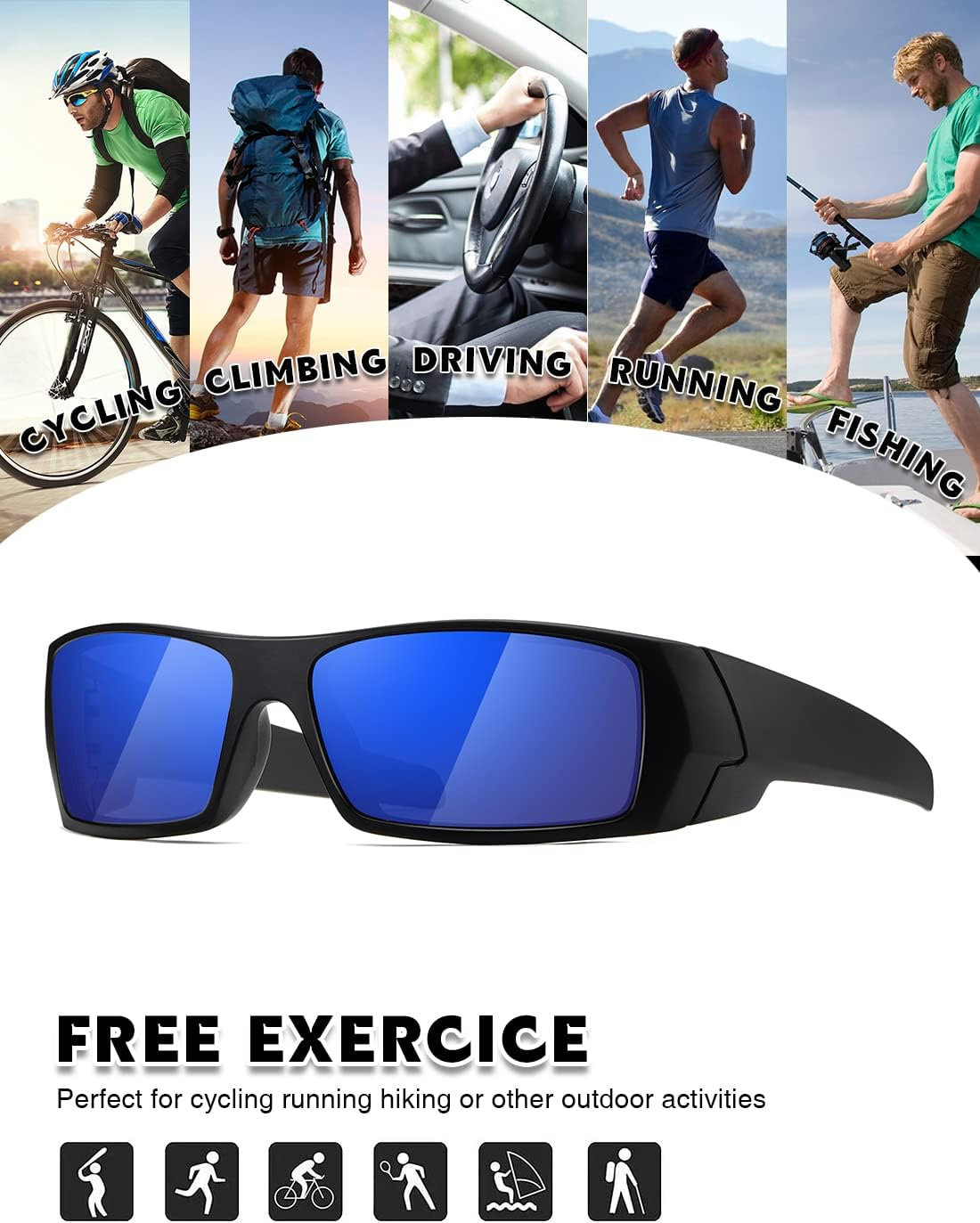 TIANYESY Polarized Sunglasses Men Womens Trendy Retro Sports Rectangular Wrap around Vintage Shot Shield - Black - Black image number 7