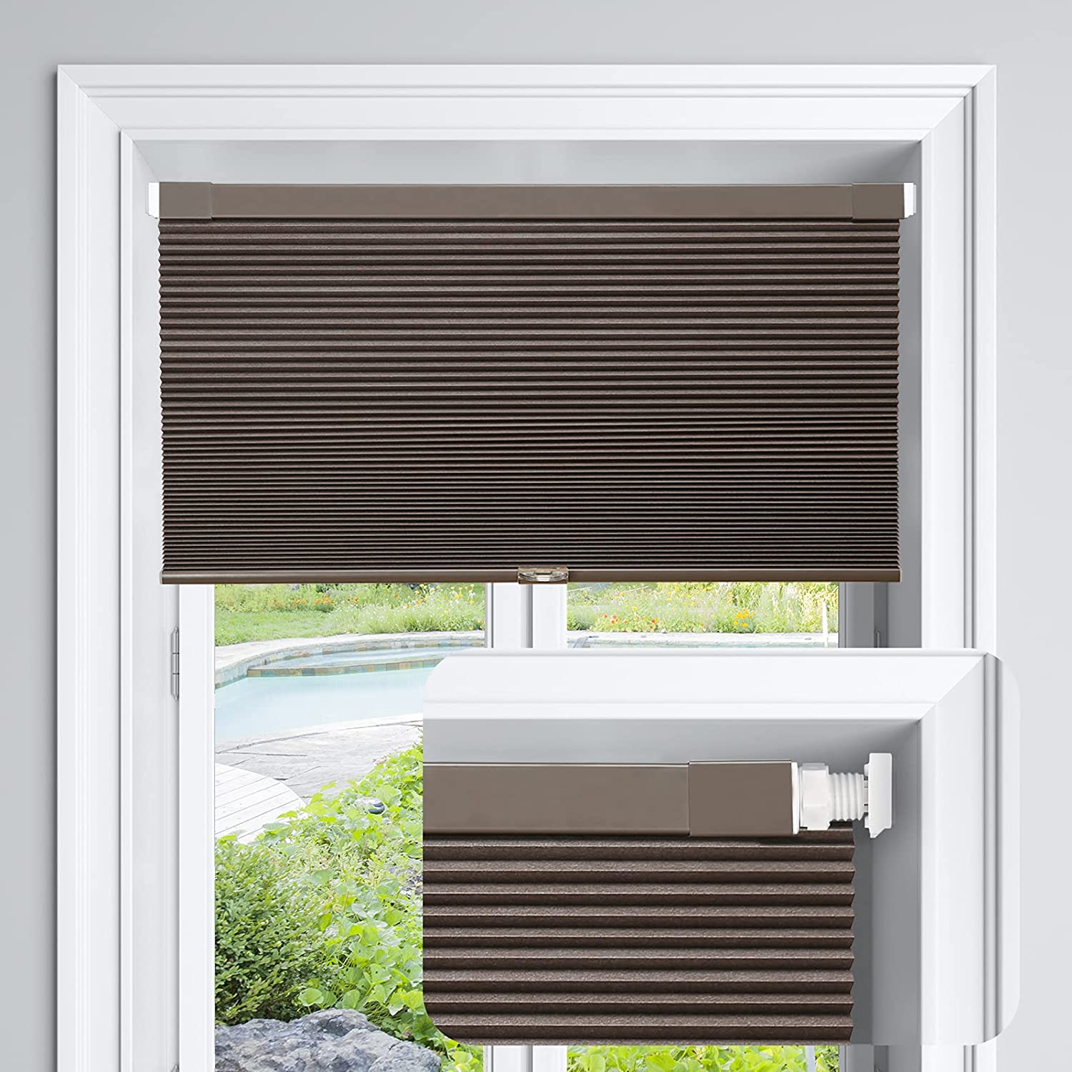 Lazblinds Cordless Cellular Shades No Tools No Drill Blackout Cellular Blinds for Window Size 27" W X 64" H, Dark Coffee