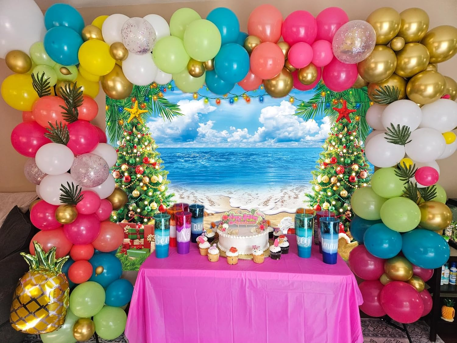 July Christmas Backdrop 8X6Ft for Photography Summer Beach Christmas Tree Decoration Background Tropical Hawaiian Xmas Party Supplies Photo Props image number 4