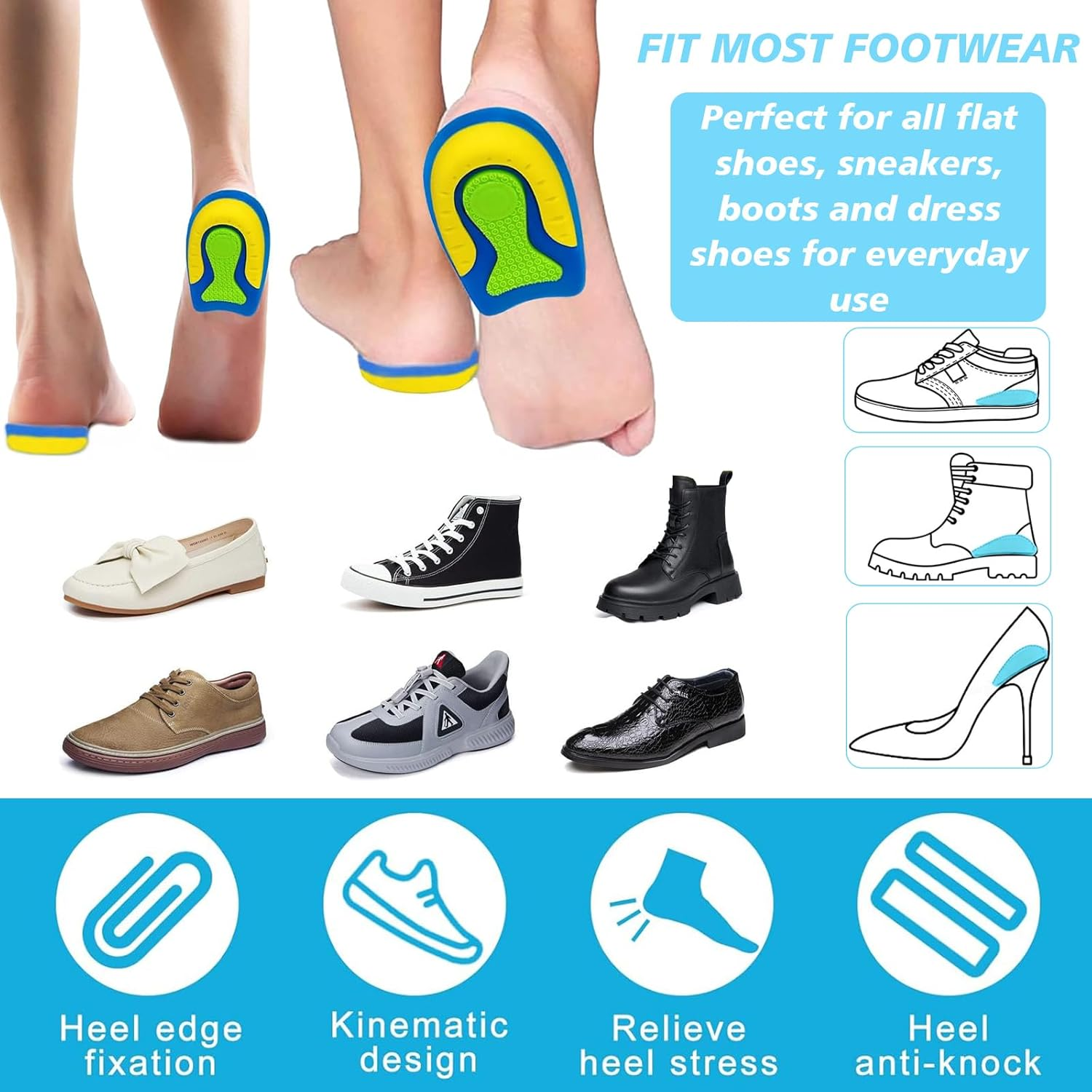 4 Pairs Heel Pads for Plantar Fasciitis Relief, Shock Absorbing Insoles for Heel Spurs Achilles Tendonitis, Soft Silicone Heel Cushions for High Elastic Support, Heel Pad for Relief Heel Pain (S) image number 1