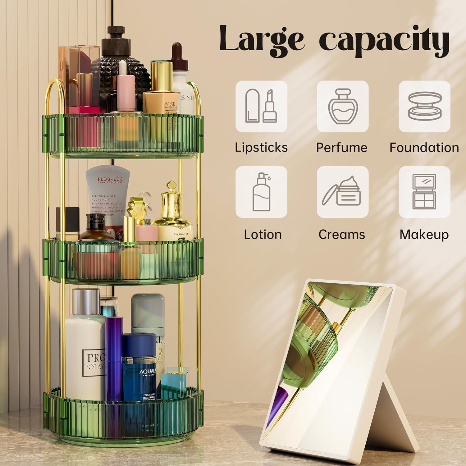 Tinyso 3 Tier Rotating Makeup Organizer for Vanity,Skincare Perfume Storage Organizersbathroom Counter Organizer for Make up Cosmetic Lipstick,Clear Spinning Organizer Perfume Holder (Green, 3Tier) image number 3