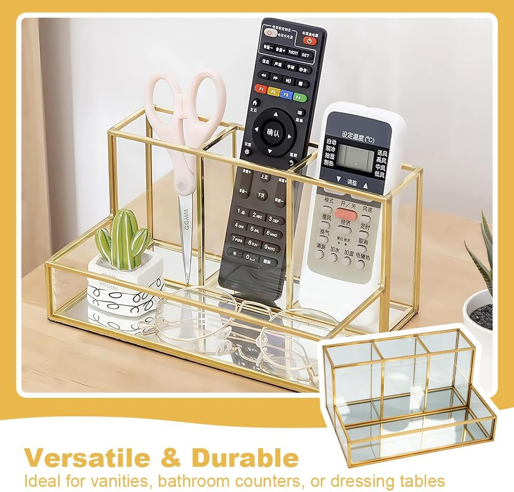 Makeup Organizer, Gold Glass Cosmetic Box, Makeup Brush Organizer Holder, Beauty Organizer Holder, Large Capacity Cosmetic Display Case for Perfume, Jewellery, Brushes image number 6