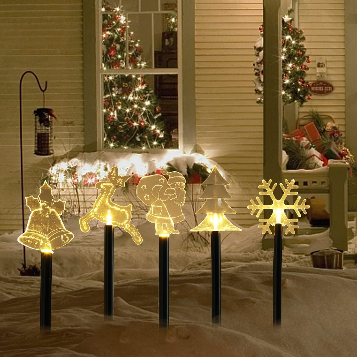 5 Pack Outdoor Solar Garden Pathway Stake Decorations Lights, Landscape Reindeer Santa Claus Christmas Tree Bell Lights Yard Lawn Walkway Winter Holiday Decor, Xmas Ornament Gifts(Combined Type)
