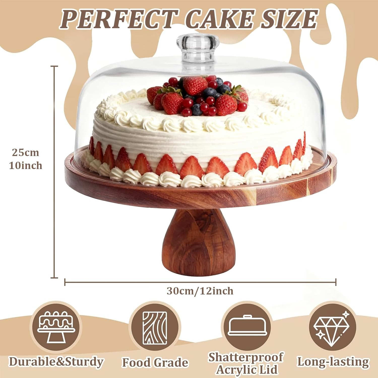 Cake Stand with Dome Lid, Acacia Wood Cake Plate with Footed, 2 in 1 Wooden Cake Display Stand for Wedding, Kitchen, Birthday, Parties, Baking