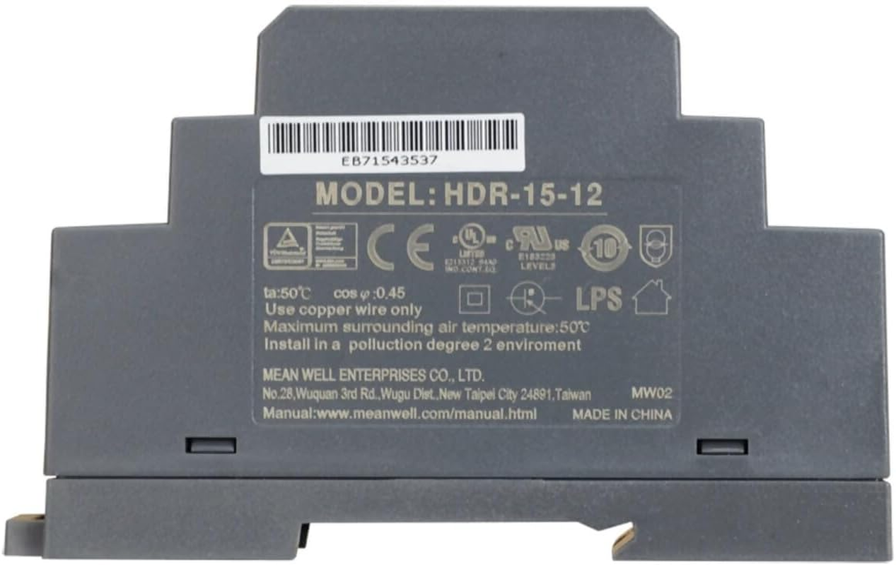 HDR-15-12 Genuine Mean Well DIN Rail Power Supply 12V 1.25A 15W, with Warning Label - 12V image number 2