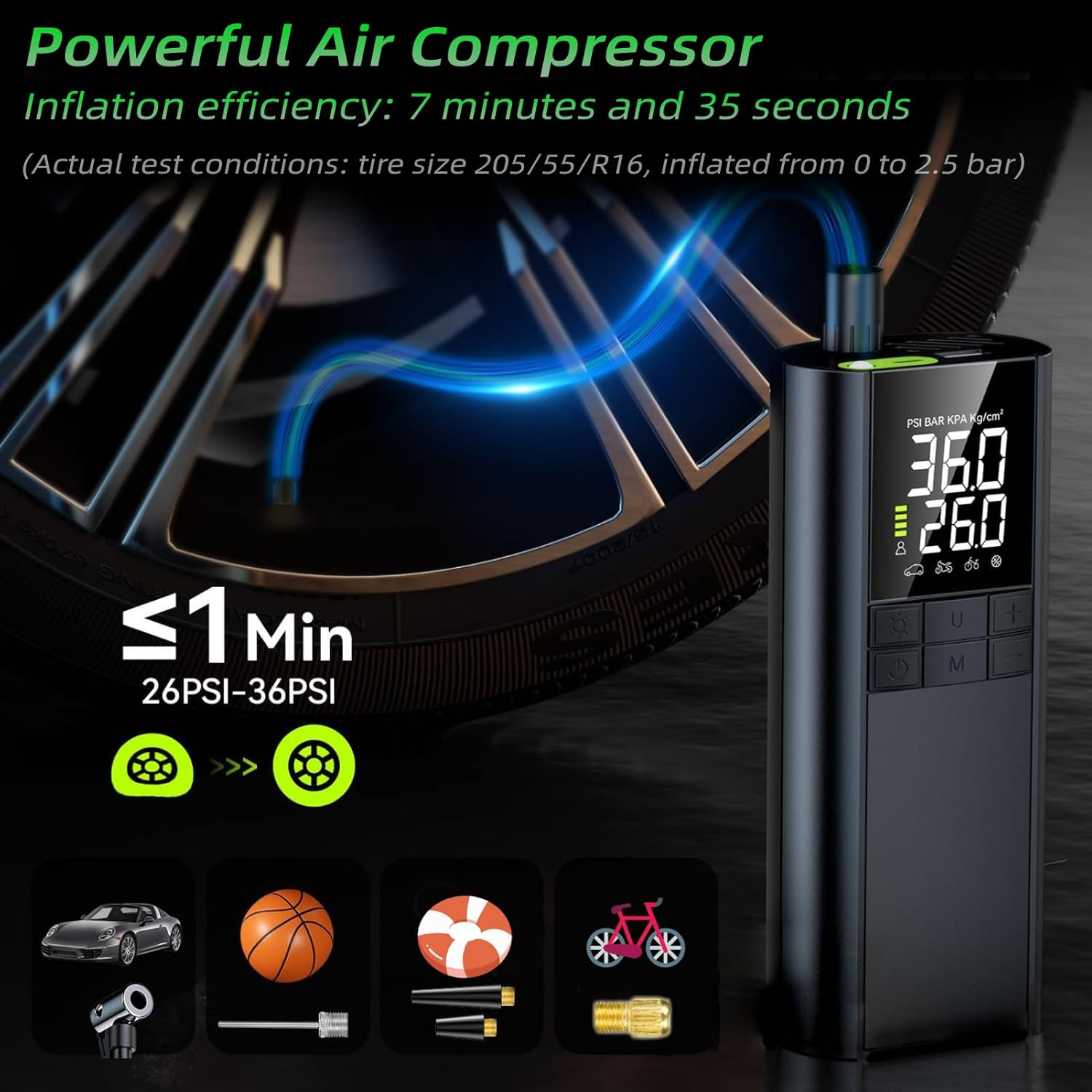 Portable Tire Inflator, Powered by 8000Mah Battery, Inflates Cars, Motorcycle, Bicycle, Ball, LED Light, USB Output Port, High Speed Airflow, with Storage Bag for Drivers, Bikers image number 3