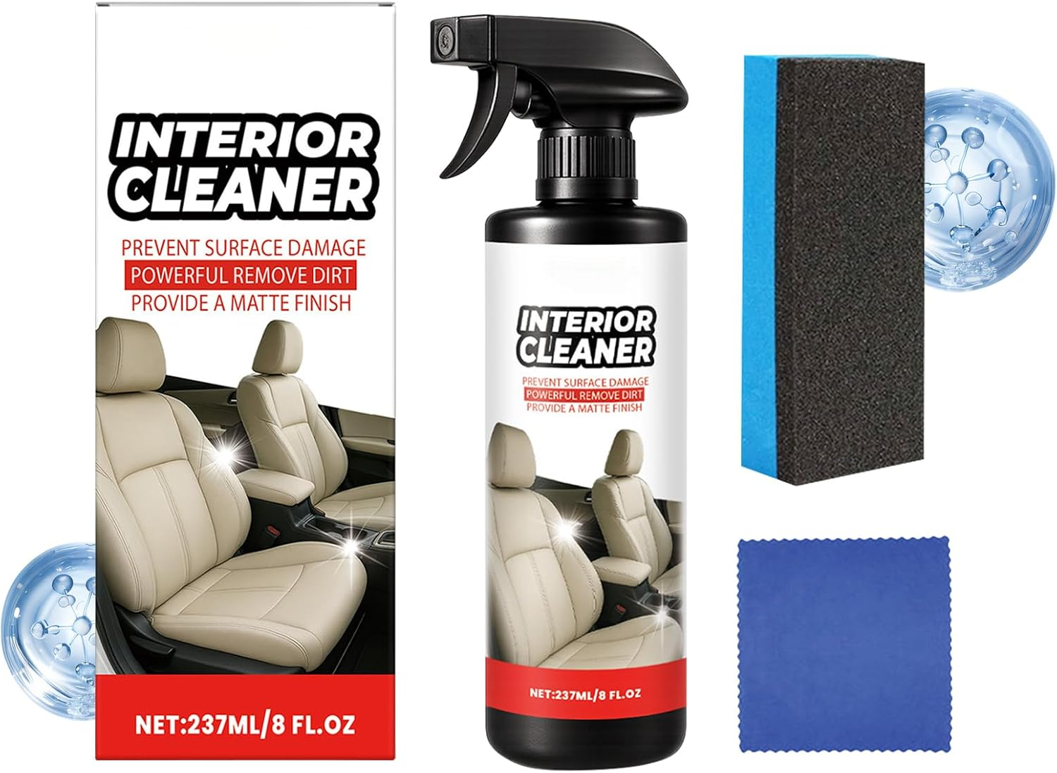 Xvilmaun Car Interior Cleaner,Car Seat Upholstery Stain Remover with Cloth and Sponge - 237Ml Automotive Cleaning Spray Agent for Leather Seat Trim Central Console Door Steering Wheel image number 6