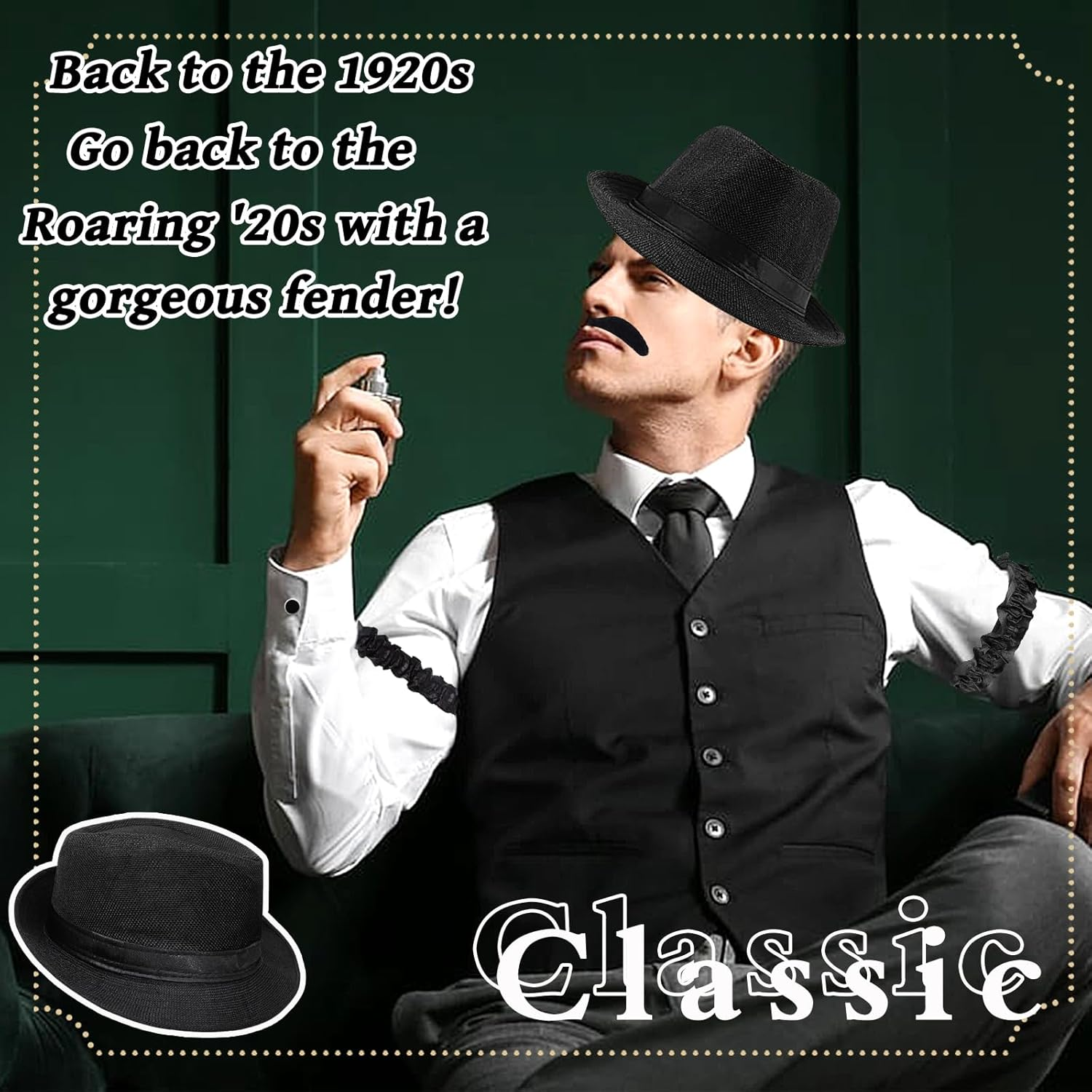 8PCS 1920S Gatsby Costume Accessory Set, 20S Costume Set with Hat, Bow Tie, Pocket W-Atch, Suspenders, Glasses for Men Adults Cosplay Party Supplies Dress Up image number 5