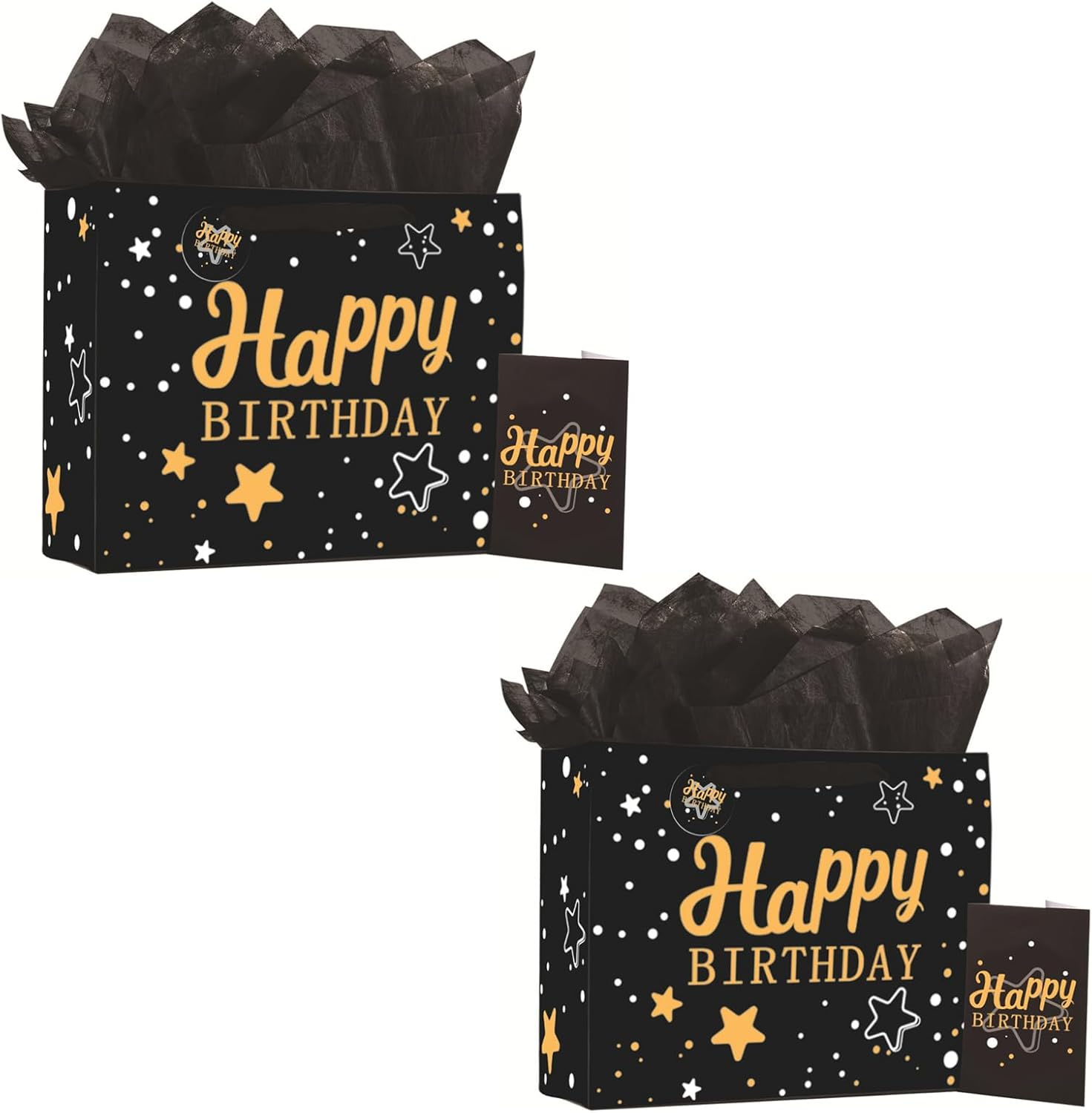 2PCS 13" Large Happy Birthday Gift Bag Set with Greeting Card, Tissue Papers, Party Favor Bag Set Supplies with Letter Gold Stars Pattern, Black Package for Men, Girls and Kid (Black Gold Stars Theme)