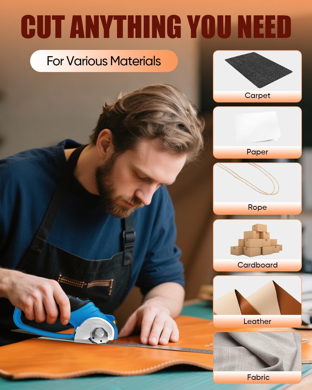 SWNEPOF Cordless Electric Scissors, 4V Rechargeable Fabric Cutter with Safety Lock & Light, Heavy Duty Power Rotary Cutter for Leather, Carpet, Cardboard, Sewing & Crafting, 2 X Blades (Blue) image number 3