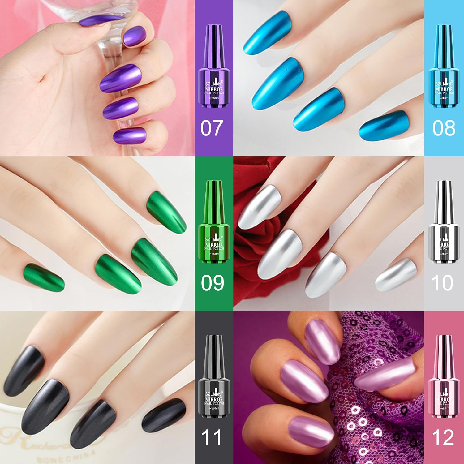 Ownest 12 Colors Mirror Nail Polish Set, Mirror Effect Long Lasting Gorgeous Glossy Manicure Nail Art Decoration, Brilliant Manicure Effect Nail Lacquers Kit-12Pcs image number 3