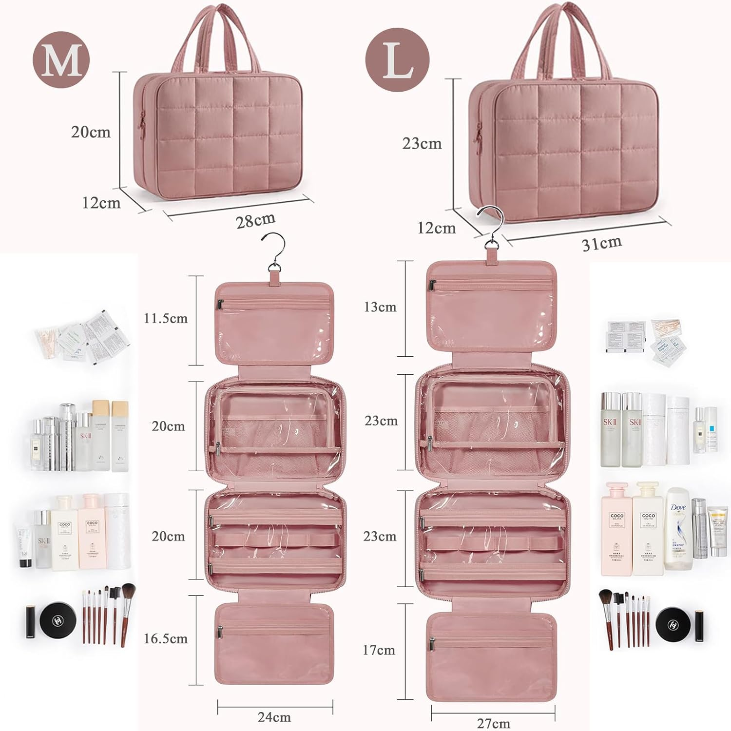 Blissora Hanging Travel Toiletry Bag for Women Men Valentines with Jewelry Organizer, Waterproof Cosmetic Bag Makeup Case Large Capacity, Travel Essentials, Travel Accessories Women (Beige, L) image number 4