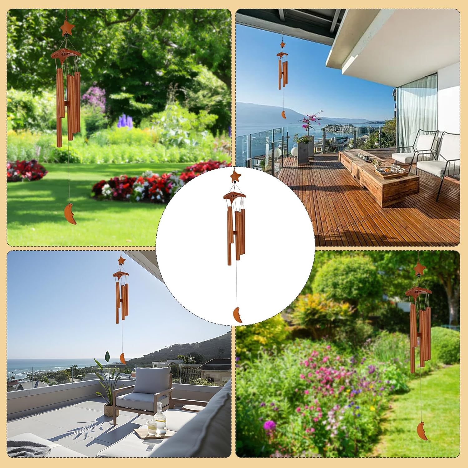 Bamboo Wind Chime, 70 Cm Wooden Wind Chime, Garden, Star Moon Wind Chime with 5 Matching Tubes, Wind Chimes for Outdoor Hanging, for Garden, Yard, Patio and Home Decoration image number 6