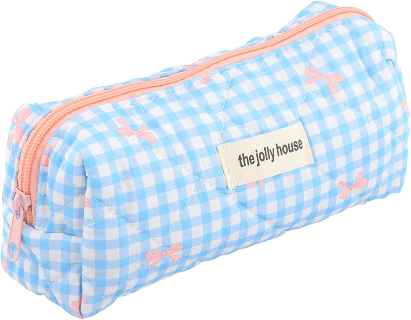 Cute Pencil Case, Pink Bow Stationery Bag, Soft Quilted Pencil Pouch, Portable Pen Bag Wide Opening, Organizer with Zipper for Pens, Cosmetics or Travel Accessories (Blue)