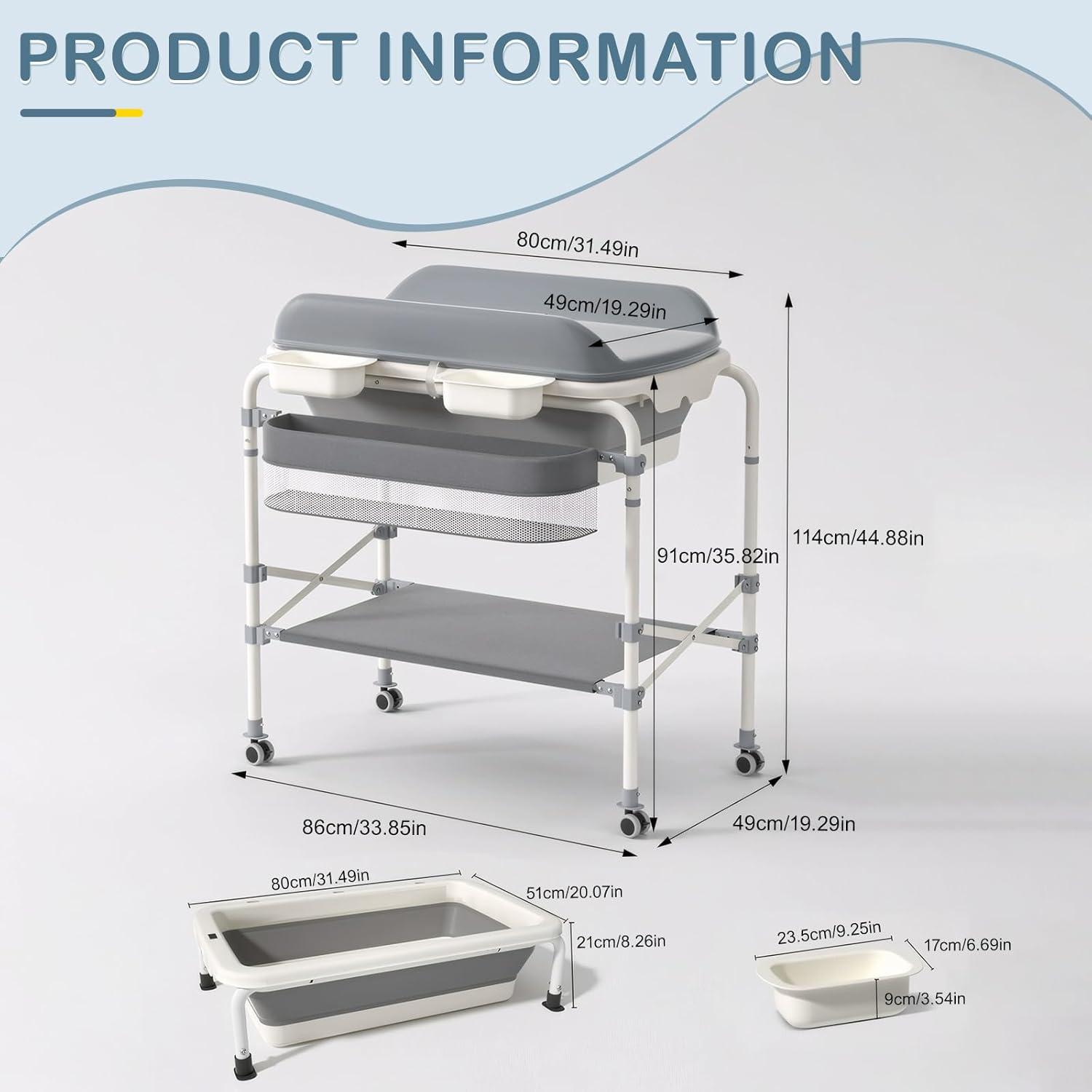 Portable Baby Changing Table 2-In-1 Baby Change Station with Tub Foldable Baby Bath Stand Diaper Change Table for Newborn Infant Mobile Nursery Organizer (Foldable) image number 5