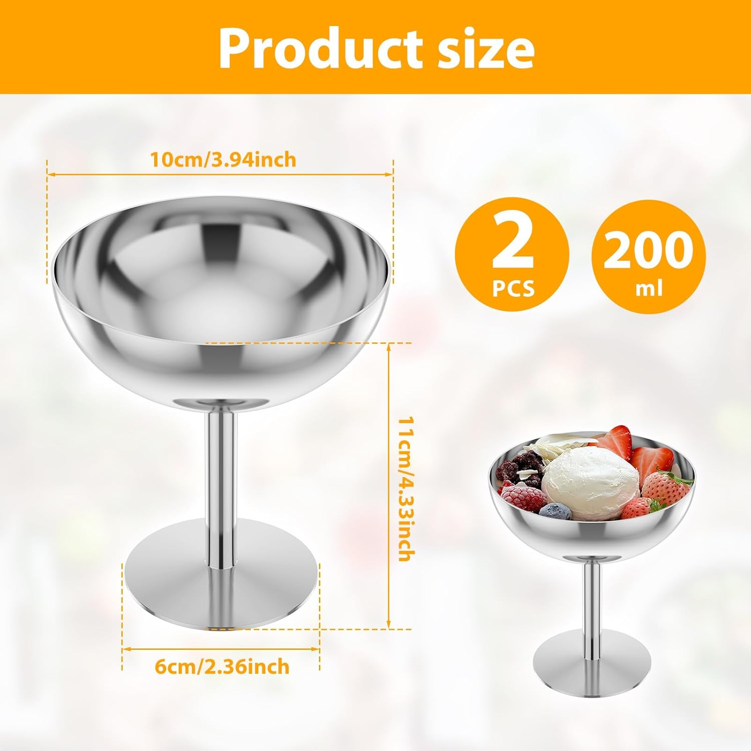 NIPUAEGO 2Pcs Stainless Steel Ice Cream Bowl, Multipurpose High Footed Foot Party Ice Cream Cup for DIY Ice Cream Parfait Banana Pudding Silver
