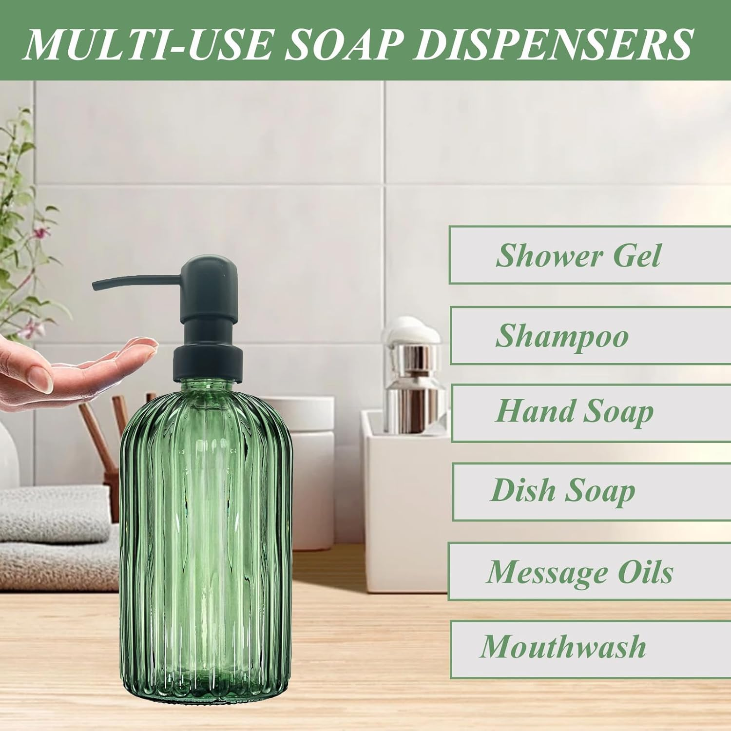 13.5Oz Green Glass Soap Dispenser Bathroom with Black Rust Proof Stainless Steel Pump, Clear Liquid Lotion Bottles Refillable Dish Dispensers with Vertical Stripe, Hand Dish Dispenser for Kitchen image number 2