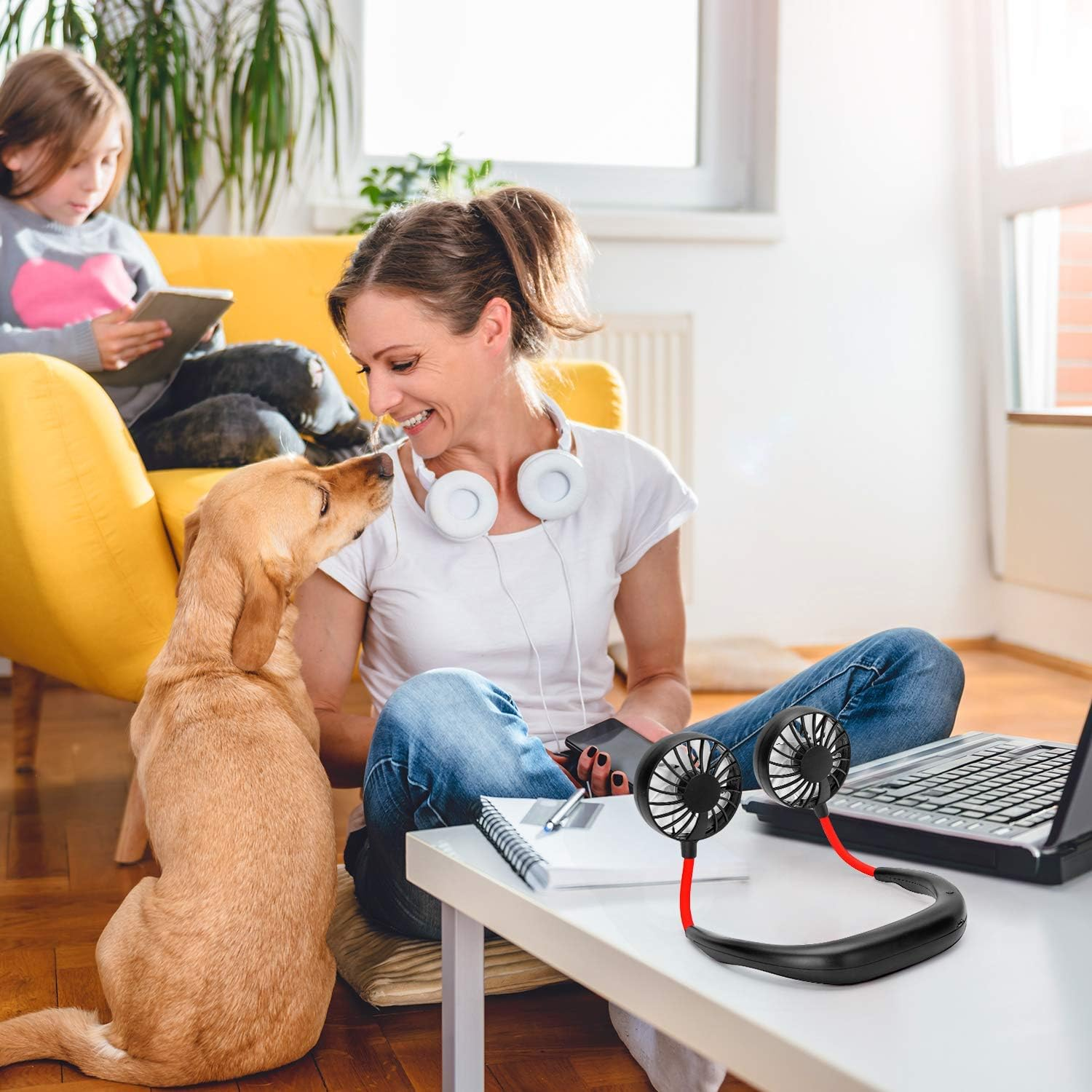 RJVW Portable Neck Fan, Hand Free Personal Hanging Neck Sports Fan USB Rechargeable (3 Speed Adjustable) Wearable Cooling Head Fan,360 Degree Free Rotation for Traveling, Sports, Office, Reading image number 4