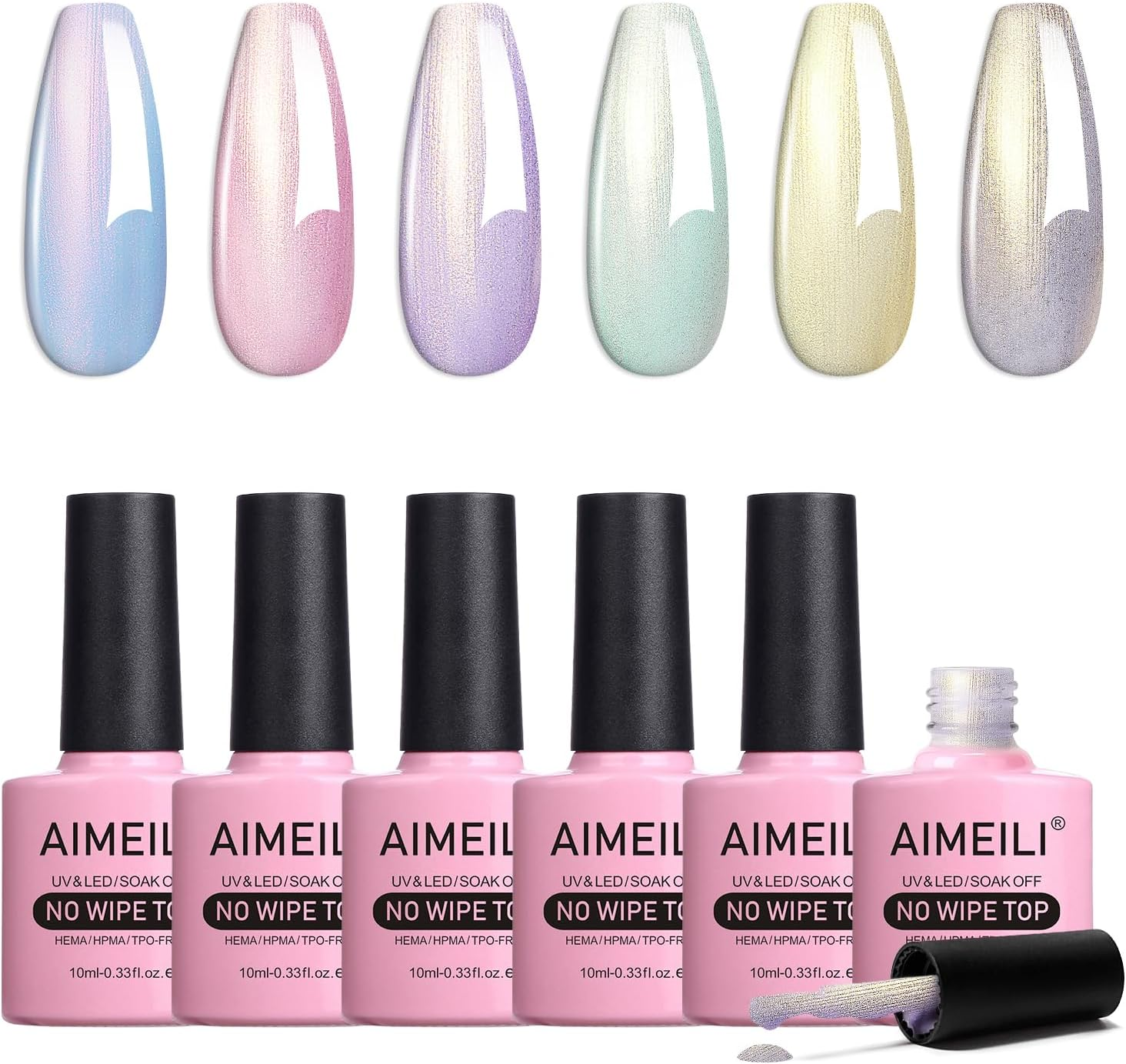 AIMEILI Hema Free Gel Nail Polish Pearl Top Coat 6 Color Set, Cruelty Free, Vegan, 2 in 1 Pearlescent Glitter Glossy Shiny No Wipe Gel Top Coat image number 4